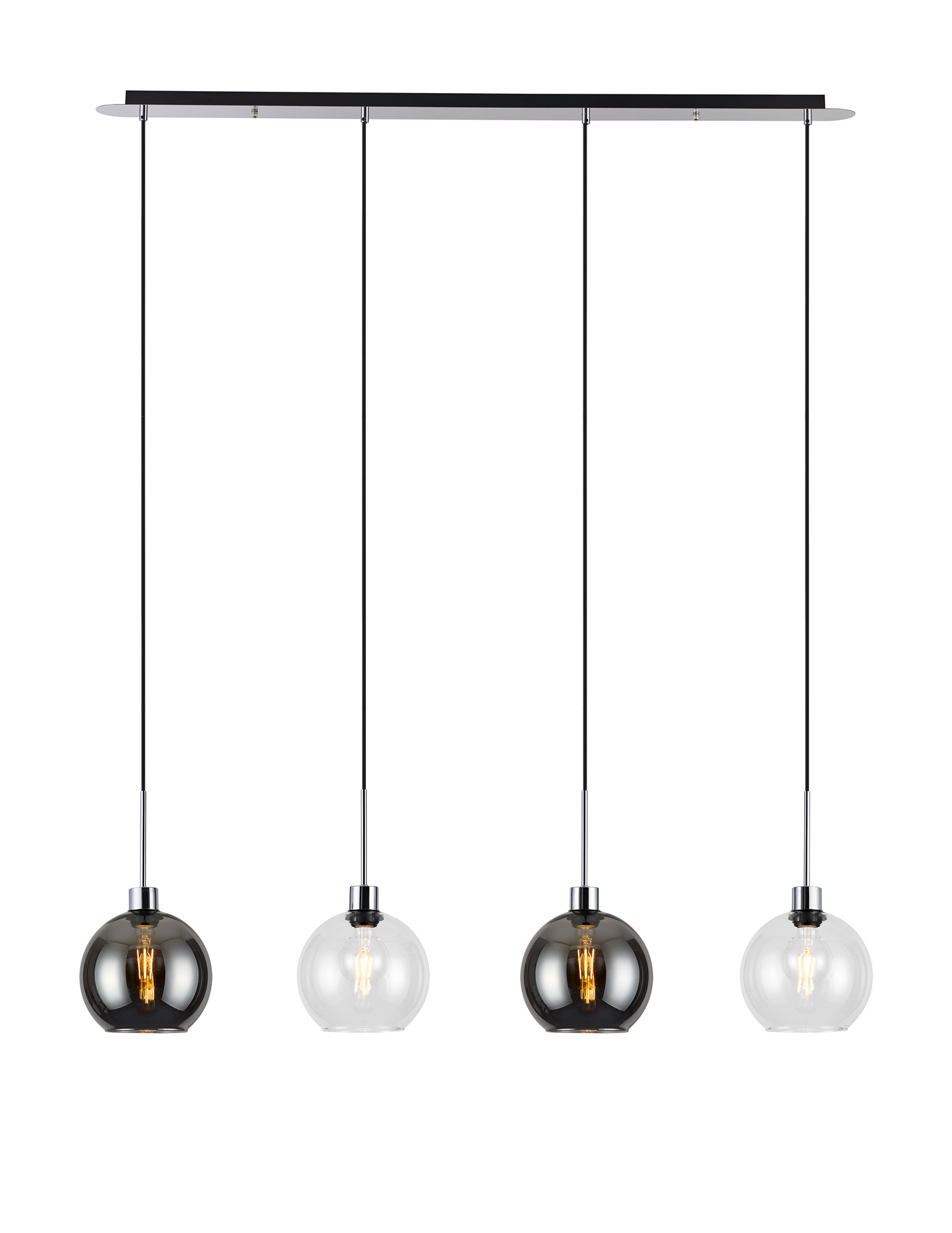 DK1322  Lori Linear Pendant, 4 Light Adjustable E27, Polished Chrome/Clear/Smoke Open Mouth Round Globe Shades